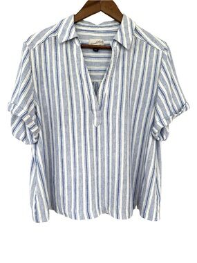 Universal Thread Striped Collared Tunic, Short Sleeves, Cropped, Linen Blend